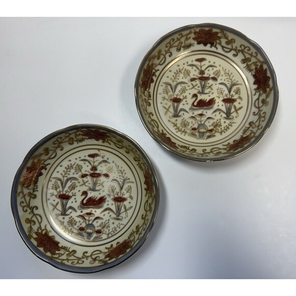 Andrea By Sadek Hand Painted Oriental Swan Set Of 2 6 1/4” Bowls - Picture 1 of 8